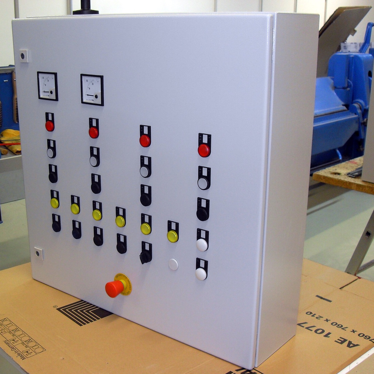 An automation control panel with switches and gauges